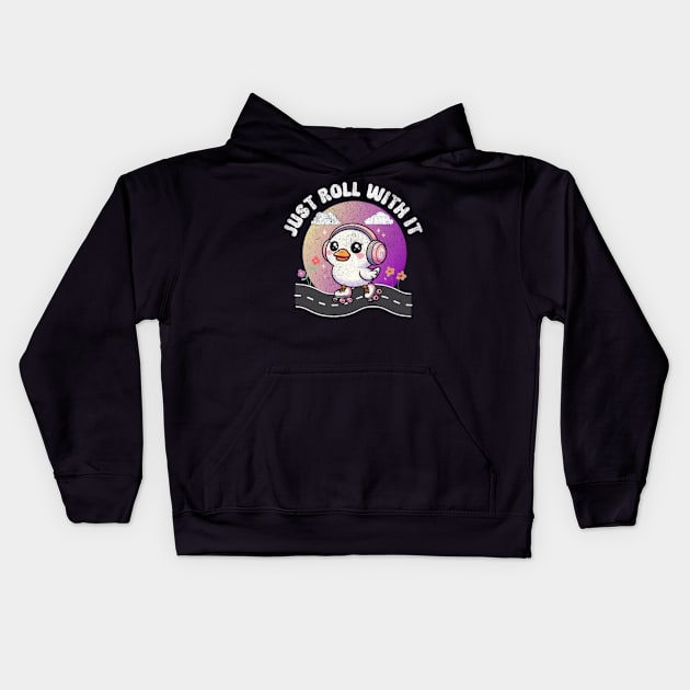 Just Roll With It Funny Rollerskating Goose Cute Kawaii Kids Hoodie by Lavender Celeste